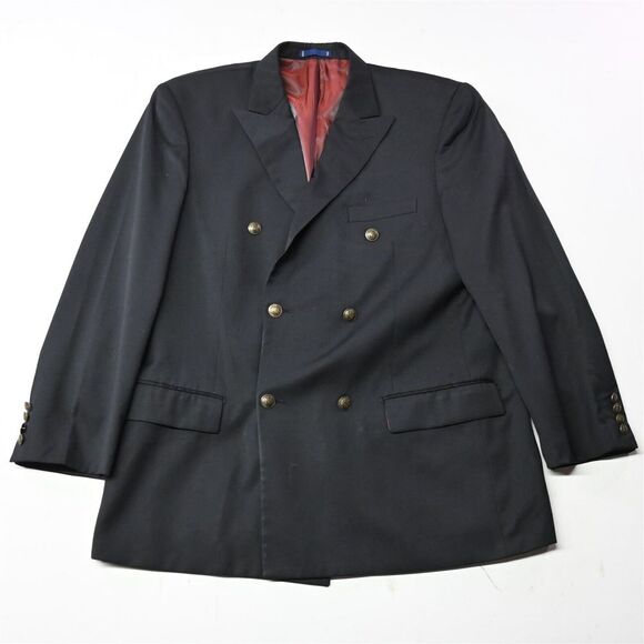 Paul Fredrick 44L Black 100% Wool‎ Double Breast Peak Blazer Sport Coat Jacket